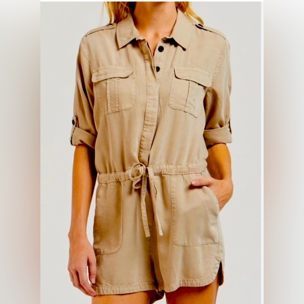 MNG Mango Tan Minimalist Utility Cargo Drawstring Romper Shorts Jumpsuit XS EUC